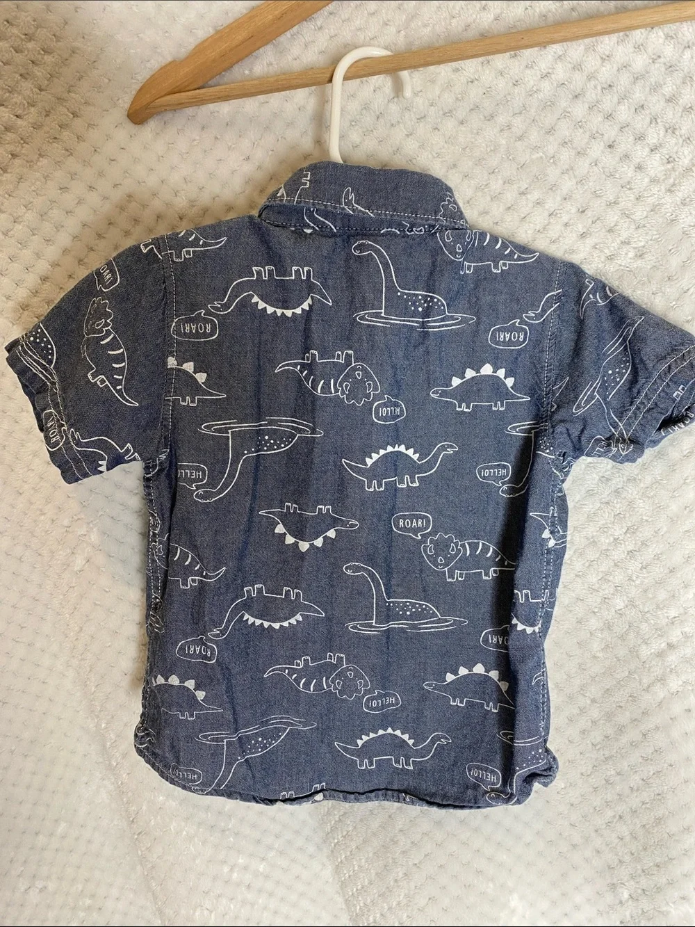 Carter's Chambray Style Blue Short Sleeve Dinosaur Print Button Up Shirt